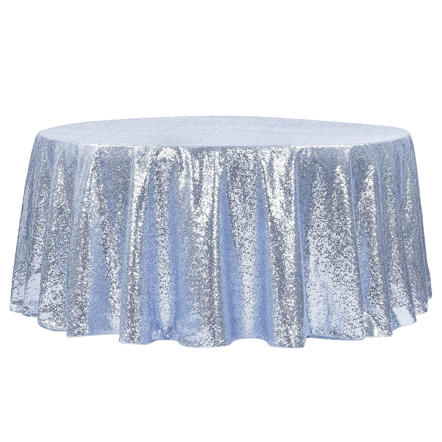 120" Round Sequin Tablecloth - Dusty Blue 3 120" Round Sequin Tablecloth - Dusty Blue