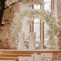 White Hydrangea Floral Round Wedding Ceremony Arch - 8 Feet Tall -Event Decoration Sales Shop EDD GREEN ROUND EUCALYPTUS LEAF WEDDING CEREMONY ARCH 8 FT 01