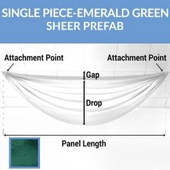 Single Piece -Emerald Green Sheer Prefabricated Ceiling Drape Panel - Choose Length And Drop!