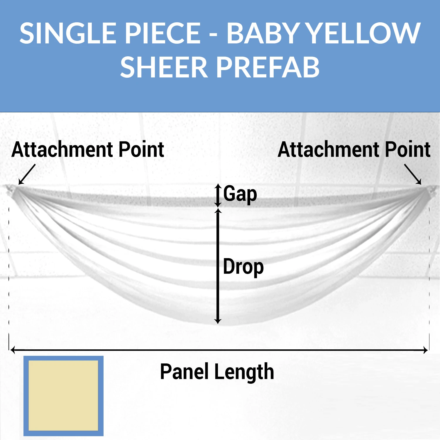 Single Piece -Butter Yellow Sheer Prefabricated Ceiling Drape Panel - Choose Length And Drop! 3 Single Piece -Butter Yellow Sheer Prefabricated Ceiling Drape Panel - Choose Length And Drop!