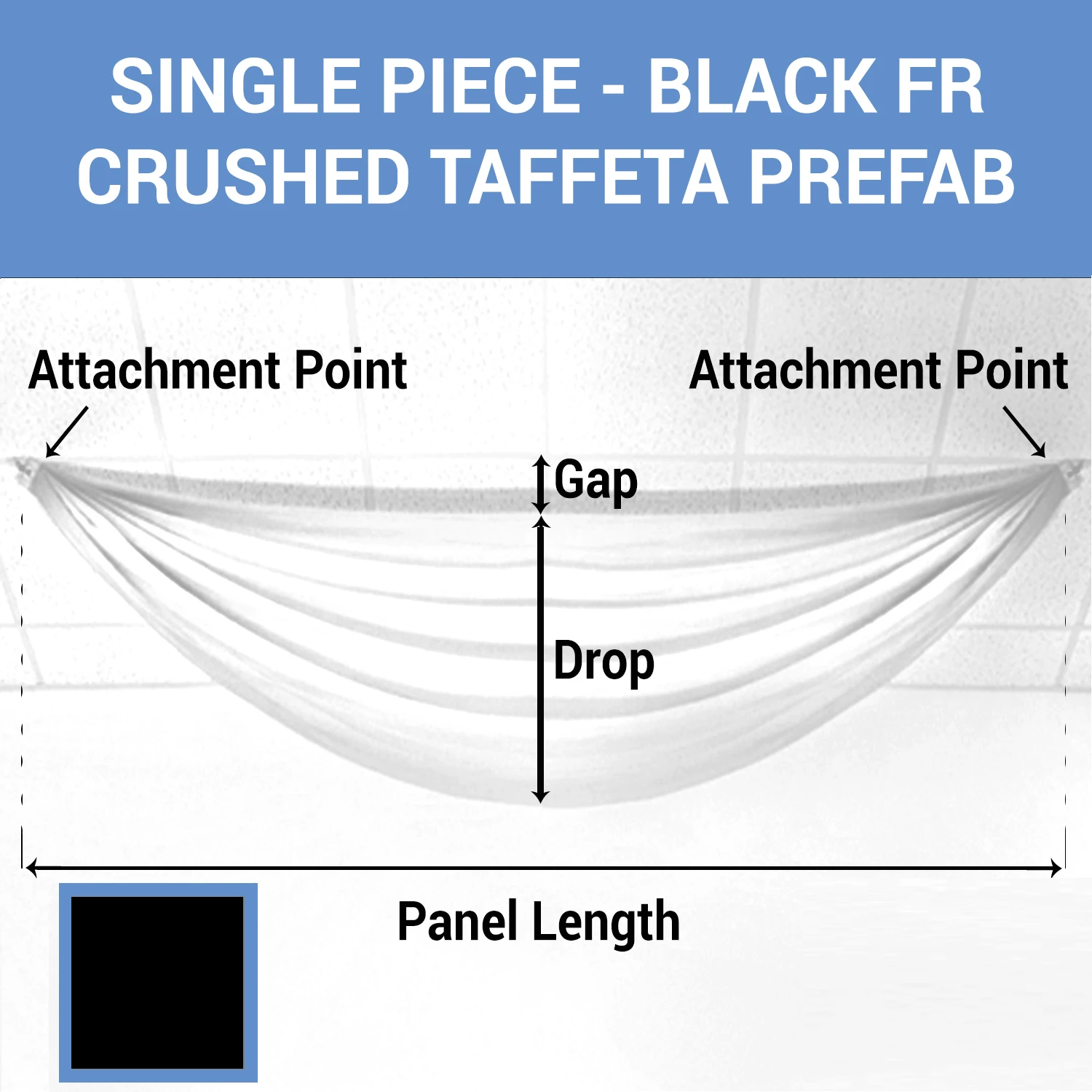 Single Piece - Black Crushed Taffeta Prefabricated Ceiling Drape Panel - Choose Length And Drop! 3 Single Piece - Black Crushed Taffeta Prefabricated Ceiling Drape Panel - Choose Length And Drop!