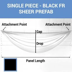 Single Piece -Black FR Sheer Prefabricated Ceiling Drape Panel - Choose Length And Drop!