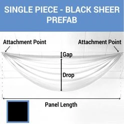 Single Piece - Black Sheer Prefabricated Ceiling Drape Panel - Choose Length And Drop!
