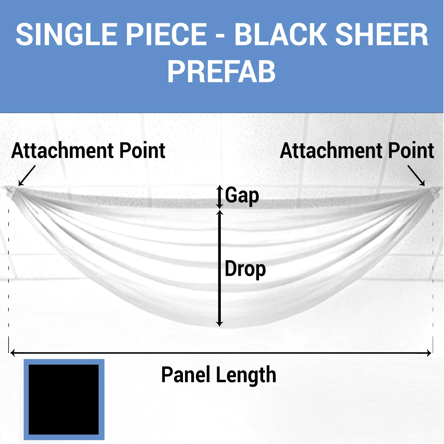 Single Piece - Black Sheer Prefabricated Ceiling Drape Panel - Choose Length And Drop! 3 Single Piece - Black Sheer Prefabricated Ceiling Drape Panel - Choose Length And Drop!