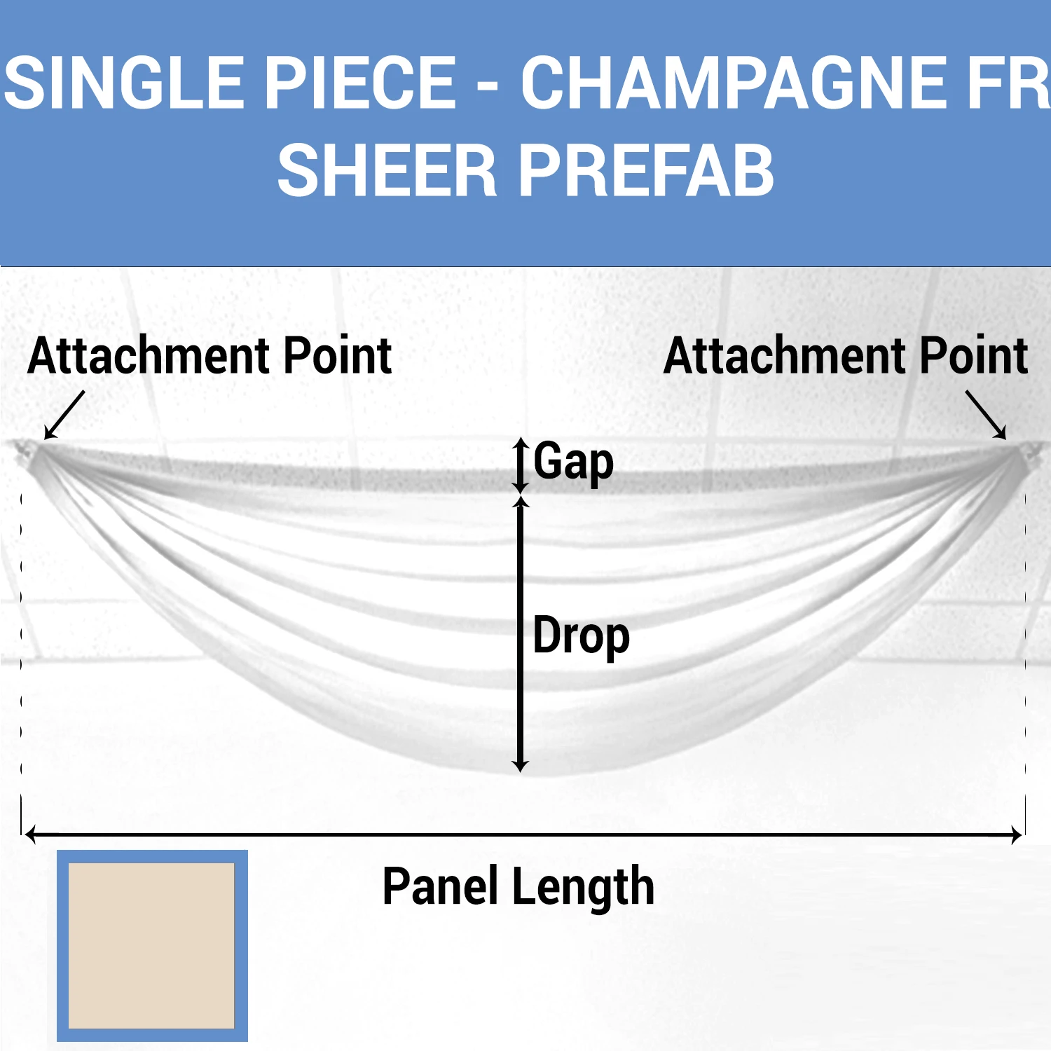 Single Piece -Champagne FR Sheer Prefabricated Ceiling Drape Panel - Choose Length And Drop! 3 Single Piece -Champagne FR Sheer Prefabricated Ceiling Drape Panel - Choose Length And Drop!