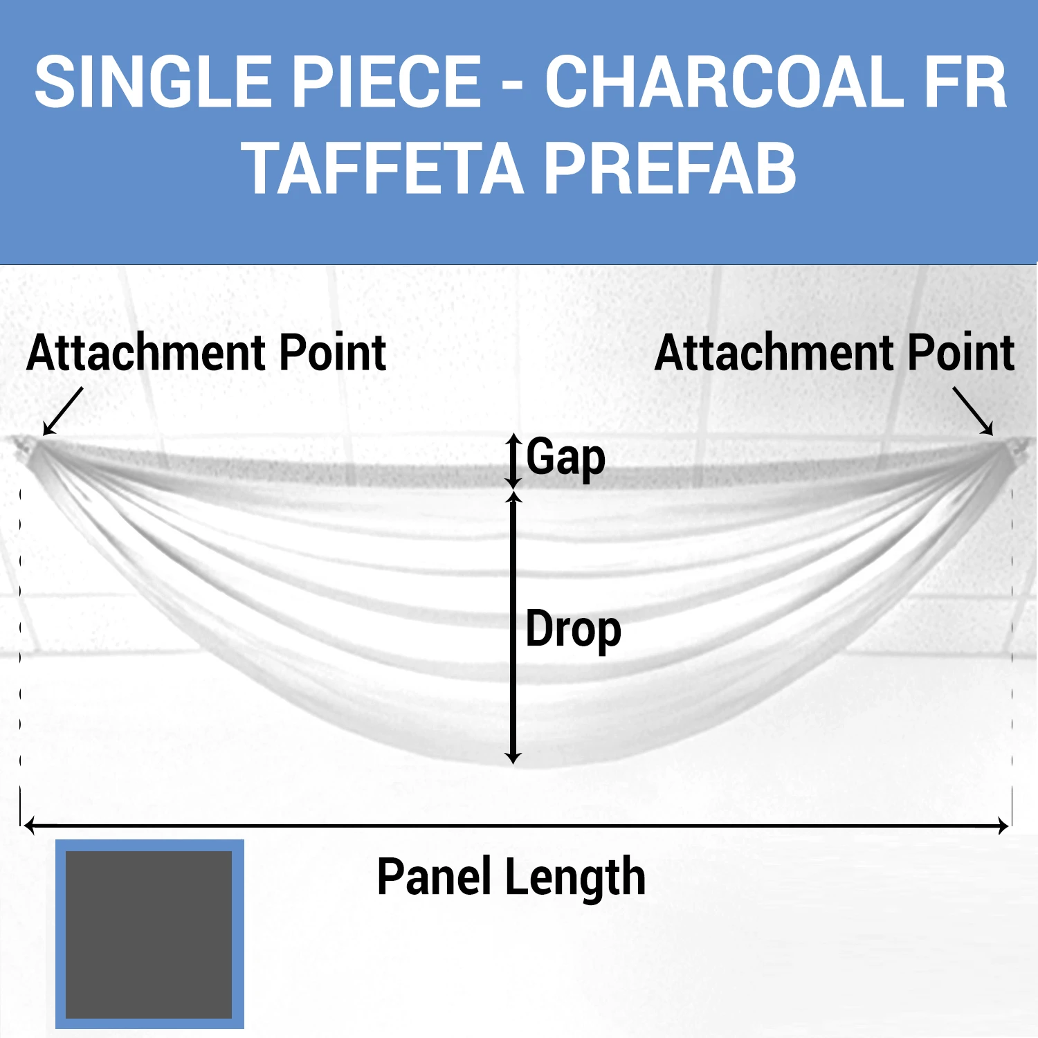 Single Piece - Charcoal Taffeta Prefabricated Ceiling Drape Panel - Choose Length And Drop! 3 Single Piece - Charcoal Taffeta Prefabricated Ceiling Drape Panel - Choose Length And Drop!