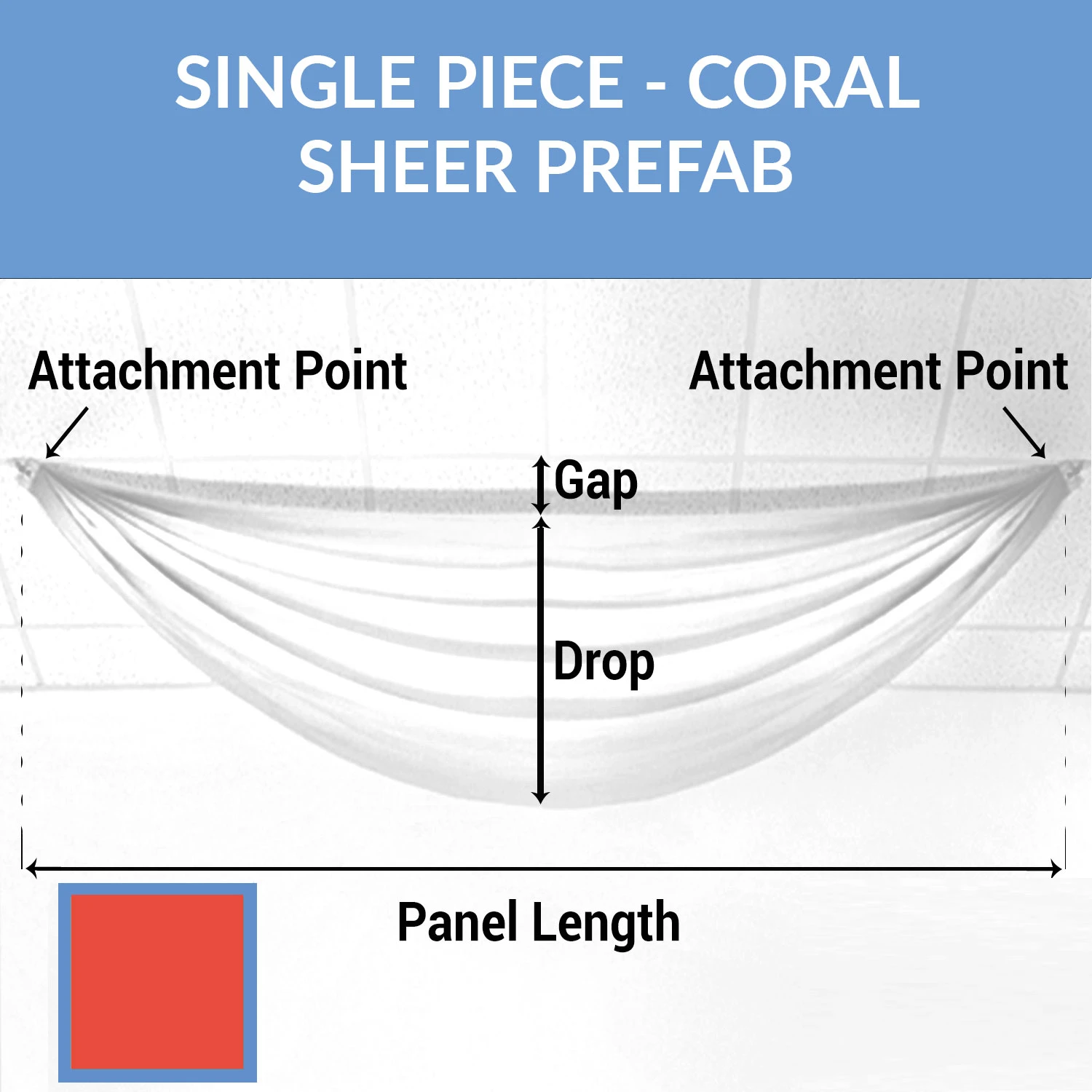 Single Piece -Coral FR Sheer Prefabricated Ceiling Drape Panel - Choose Length And Drop! 3 Single Piece -Coral FR Sheer Prefabricated Ceiling Drape Panel - Choose Length And Drop!