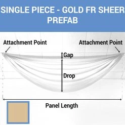 Single Piece -Gold FR Sheer Prefabricated Ceiling Drape Panel - Choose Length And Drop!