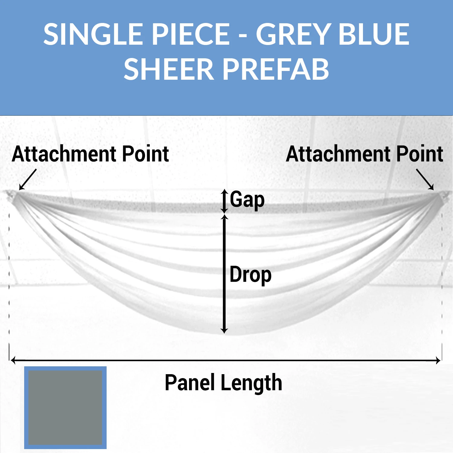 Single Piece -Grey Blue FR Sheer Prefabricated Ceiling Drape Panel - Choose Length And Drop! 3 Single Piece -Grey Blue FR Sheer Prefabricated Ceiling Drape Panel - Choose Length And Drop!