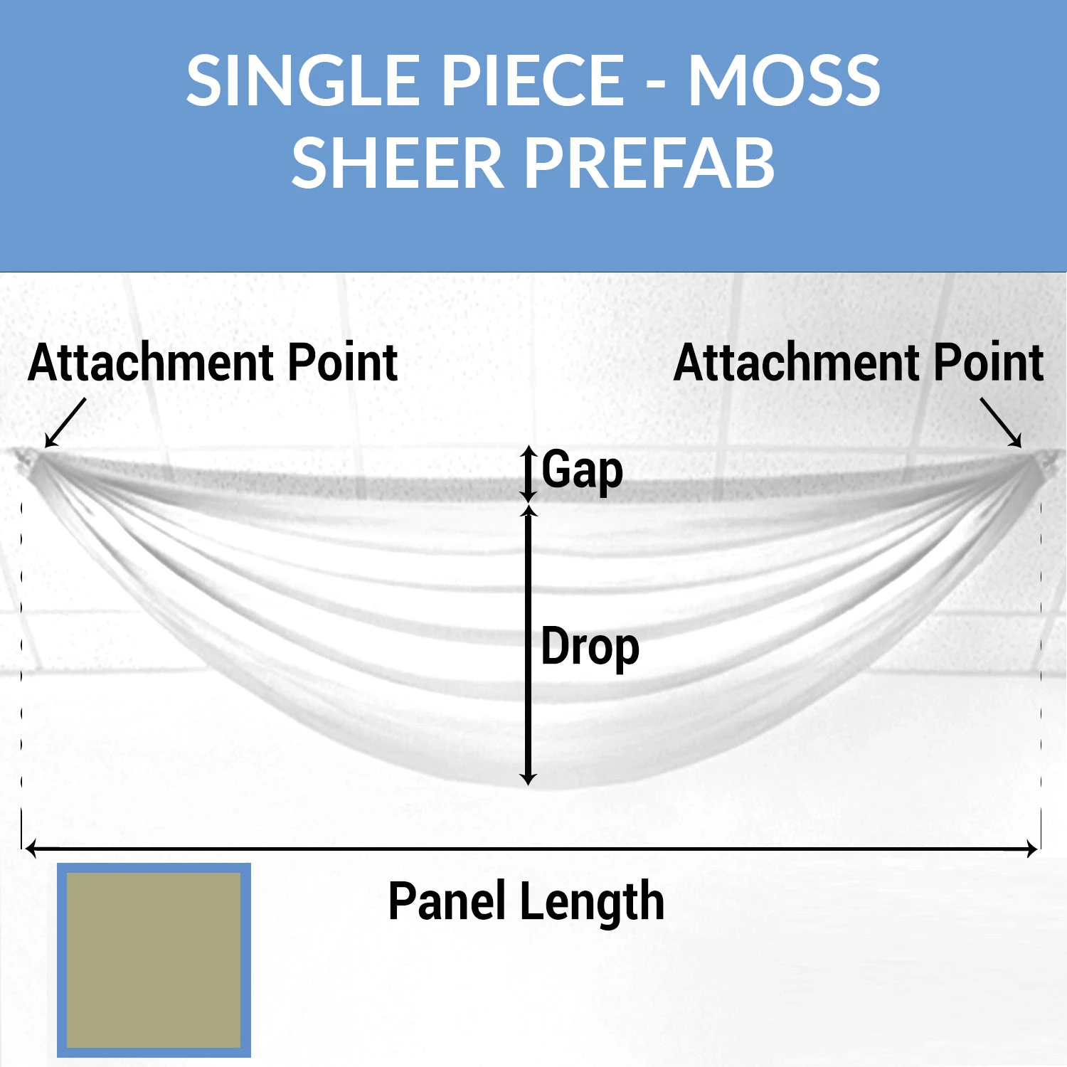 Single Piece -Moss FR Sheer Prefabricated Ceiling Drape Panel - Choose Length And Drop! 3 Single Piece -Moss FR Sheer Prefabricated Ceiling Drape Panel - Choose Length And Drop!