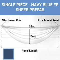 Single Piece -Navy Blue FR Sheer Prefabricated Ceiling Drape Panel - Choose Length And Drop!