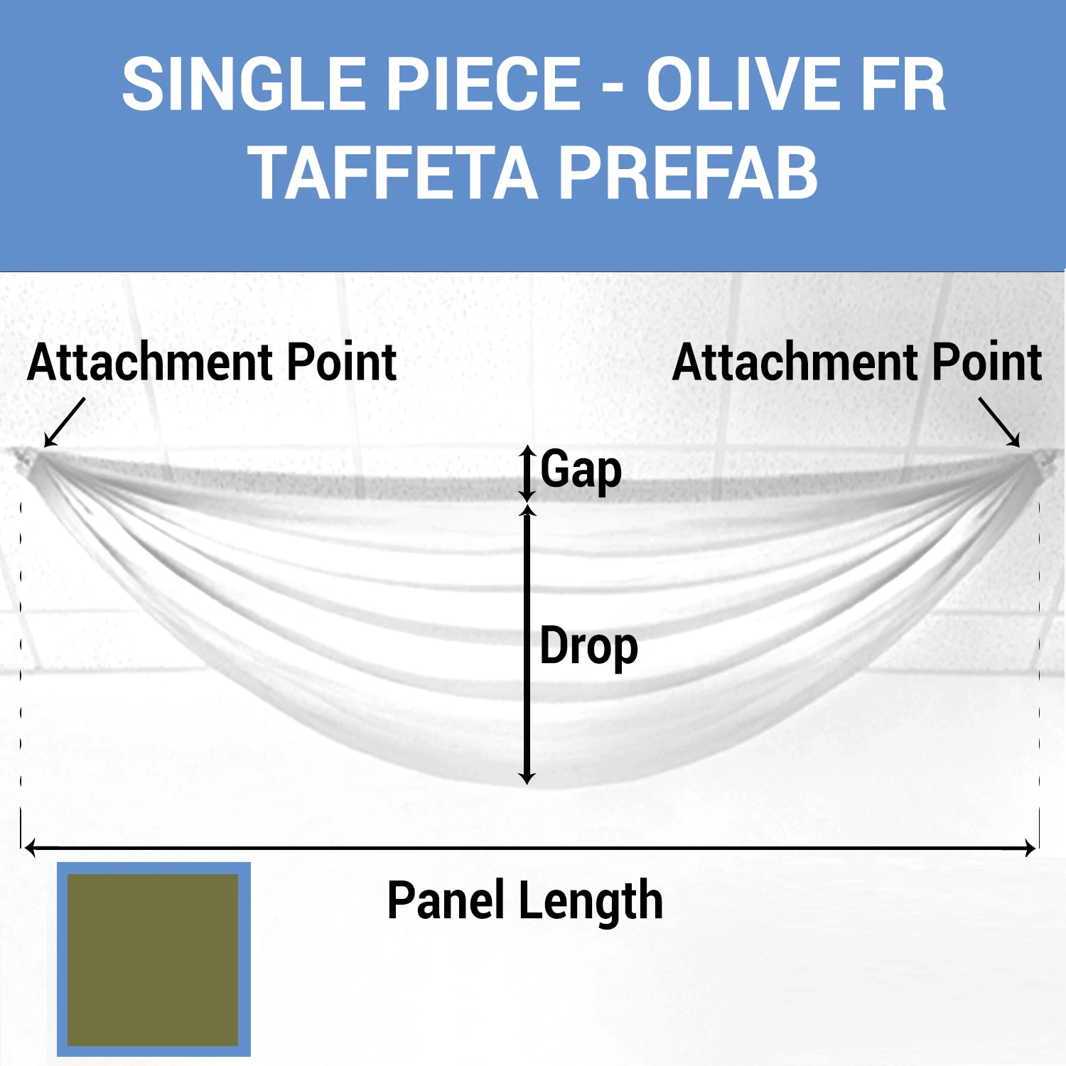 Single Piece - Olive Taffeta Prefabricated Ceiling Drape Panel - Choose Length And Drop! 3 Single Piece - Olive Taffeta Prefabricated Ceiling Drape Panel - Choose Length And Drop!