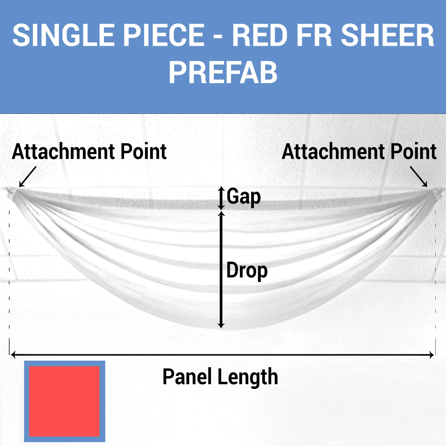 Single Piece -Red FR Sheer Prefabricated Ceiling Drape Panel - Choose Length And Drop! 3 Single Piece -Red FR Sheer Prefabricated Ceiling Drape Panel - Choose Length And Drop!