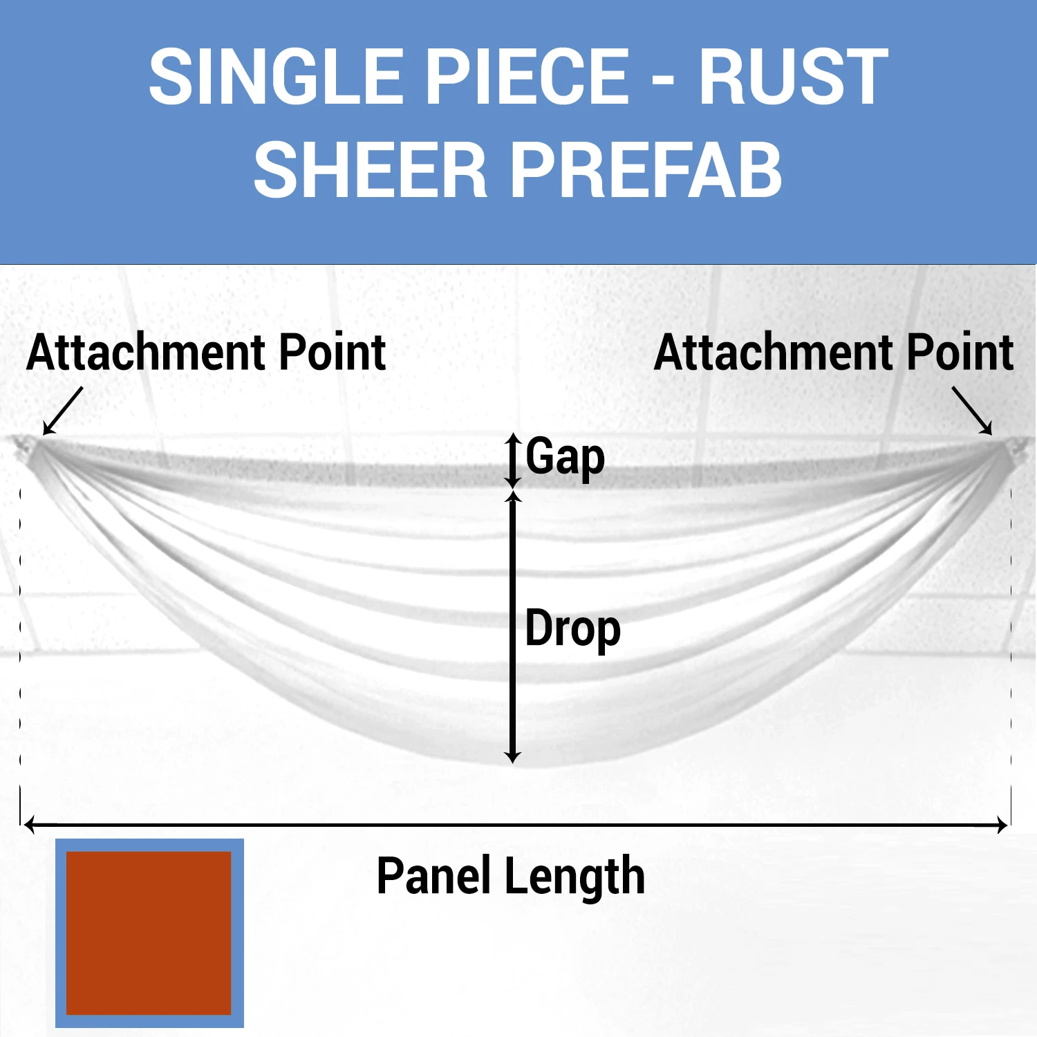 Single Piece -Rust FR Sheer Prefabricated Ceiling Drape Panel - Choose Length And Drop! 3 Single Piece -Rust FR Sheer Prefabricated Ceiling Drape Panel - Choose Length And Drop!