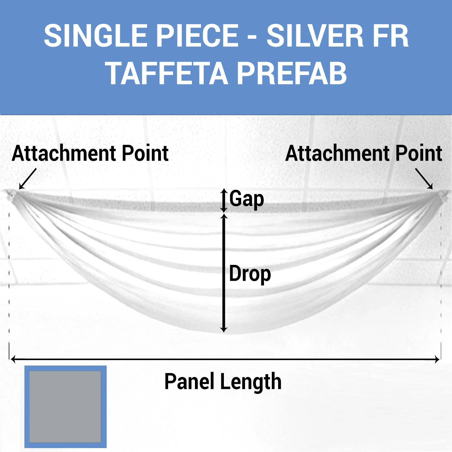 Single Piece - Silver Taffeta Prefabricated Ceiling Drape Panel - Choose Length And Drop! 3 Single Piece - Silver Taffeta Prefabricated Ceiling Drape Panel - Choose Length And Drop!