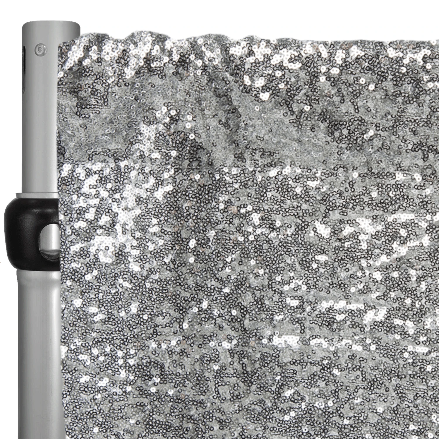 Silver Sequin Backdrop Curtain W/ 4" Rod Pocket By Eastern Mills - 8ft Long X 4.5ft Wide 3 Silver Sequin Backdrop Curtain W/ 4" Rod Pocket By Eastern Mills - 8ft Long X 4.5ft Wide
